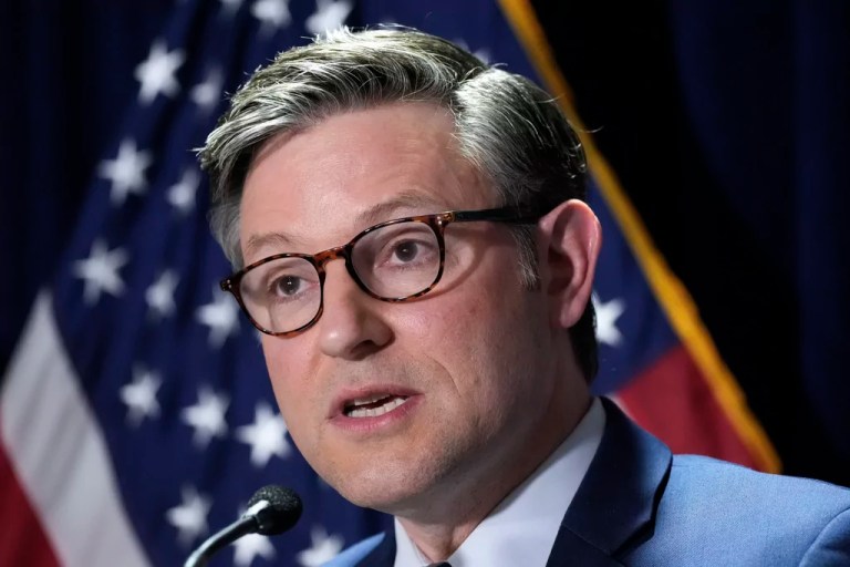 House Speaker Mike Johnson (R-LA) praises President Donald Trump while continuing to criticize former President Joe Biden during a news conference at the Republican National Committee headquarters in Washington, Wednesday, Jan. 22, 2025.