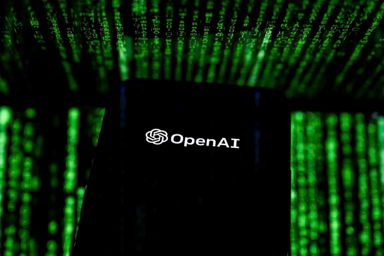 OpenAI logo atop a binary background.