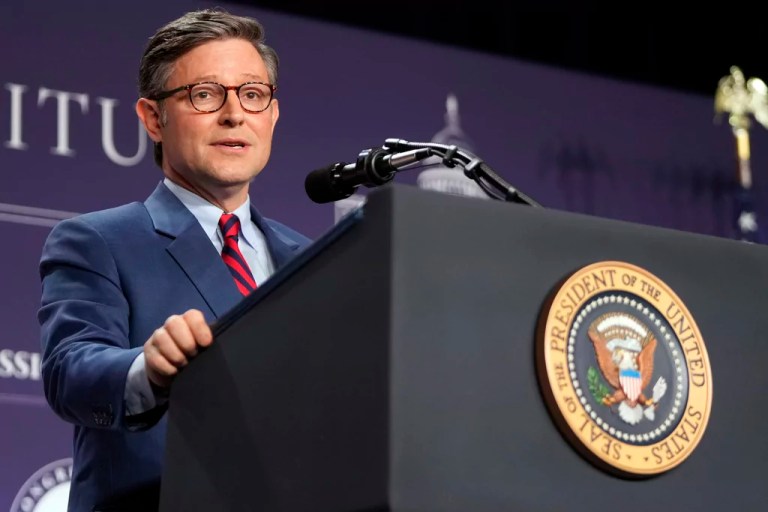 House Speaker Mike Johnson of La., speaks before President Donald Trump at the 2025 House Republican Members Conference Dinner at Trump National Doral Miami in Doral, Fla., Monday, Jan. 27, 2025.