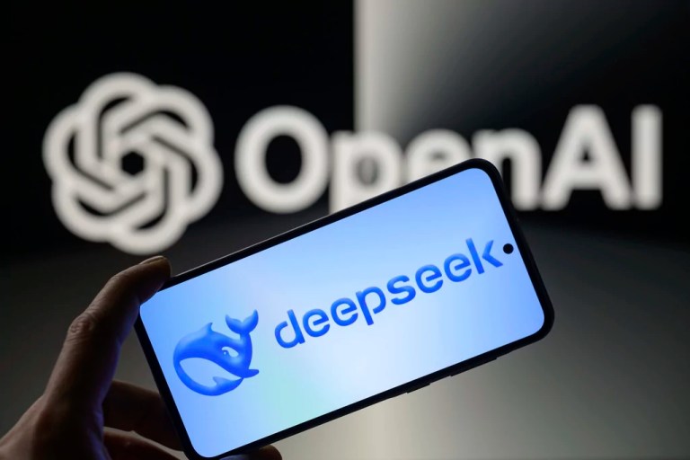 A DeepSeek loading screen on a phone on top of the Open AI logo.