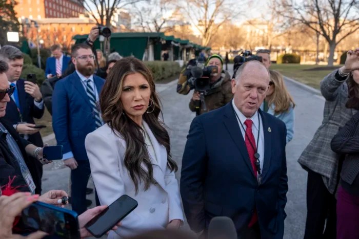 Homeland Security Secretary Kristi Noem, left, and White House border czar Tom Homan speak with reporters at the White House, Wednesday, Jan. 29, 2025, in Washington.