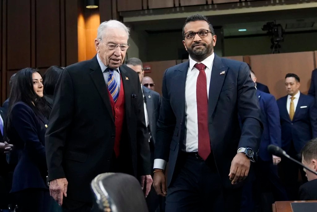 Sen. Chuck Grassley (R-IA), left, and FBI Director Kash Patel arrive for Patel's confirmation hearing before the Senate Judiciary Committee at the Capitol in Washington, Thursday, Jan. 30, 2025.