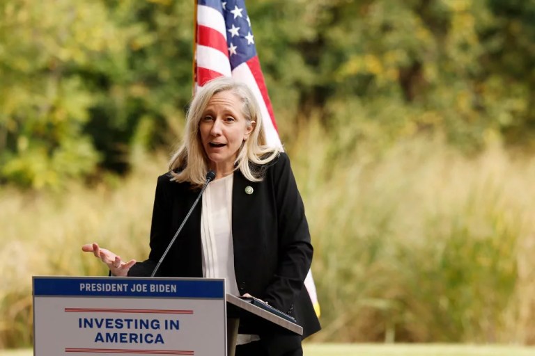 ARLINGTON, VIRGINIA - OCTOBER 15: Rep. Abigail Spanberger (D-VA) speaks during a groundbreaking ceremony for the Long Bridge Project at the Long Bridge Aquatic Center on October 15, 2024 in Arlington, Virginia. With completion targeted for 2030, the Virginia Passenger Rail Authority’s Long Bridge Project plans to add a two track railroad bridge next to the existing Long Bridge across the Potomac River, to alleviate congestion between Arlington, Virginia and Washington DC. (Photo by Anna Moneymaker/Getty Images)
