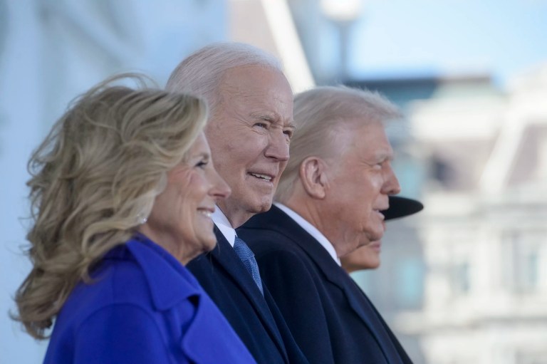 President Joe Biden looks on as he and first lady Jill Biden welcome President-elect Donald Trump and Melania Trump on the North Portico of the White House in Washington, Monday, Jan. 20, 2025.