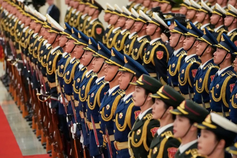 Chinese honor guards wait before the arrival ceremonies between Chinese President Xi Jinping and visiting Sri Lankan President Anura Kumara Dissanayake at the Great Hall of the People in Beijing, China on Wednesday, Jan 15, 2025.