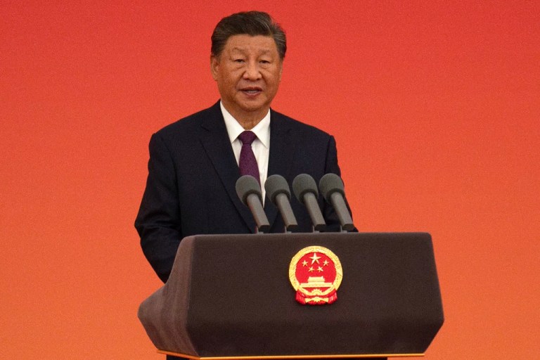 Chinese President Xi Jinping speaks after presenting national medals to individuals at a ceremony in the Great Hall of the People in Beijing, Sunday, Sept. 29, 2024.