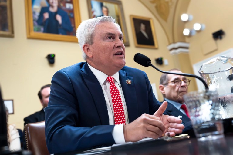 Rep. James Comer (R-KY), chairman of the House Oversight and Accountability Committee, argues a point as the House Rules Committee prepares to advance a contempt of Congress resolution against Attorney General Merrick Garland for not complying with a subpoena at the Capitol in Washington, Tuesday, June 11, 2024.