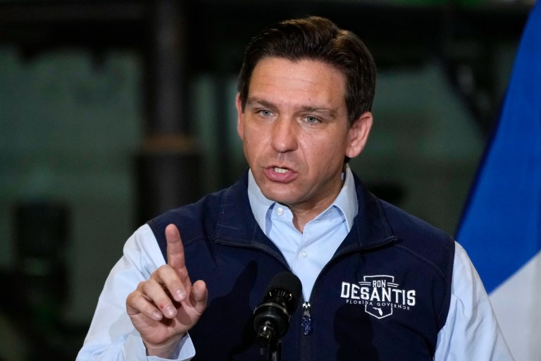 Gov. Ron DeSantis (R-FL) speaks during a campaign event, May 31, 2023, in Salix, Iowa.