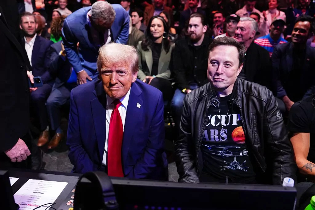 President-elect Donald Trump and Elon Musk look on during the UFC 309 event at Madison Square Garden on November 16, 2024 in New York City.