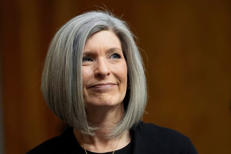 Sen. Joni Ernst (R-IA) listens at the Senate Homeland Security and Governmental Affairs Committee confirmation hearing for Gov. Kristi Noem (R-SD), President-elect Donald Trump's nominee for secretary of Homeland Security, at the Capitol in Washington, Friday, Jan. 17, 2025.
