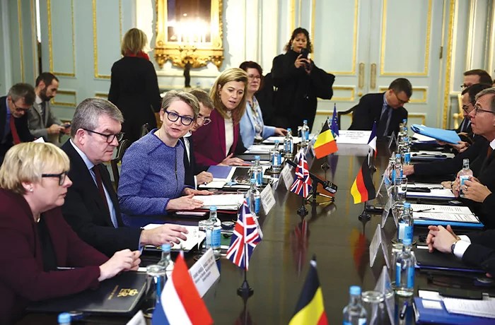 British Home Department Secretary Yvette Cooper (third from left) chairs a meeting of European ministers and agencies on Dec. 10 in London.