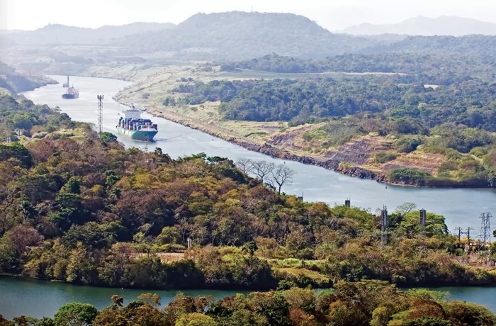 Cargo container ships on the Panama Canal in Panama.