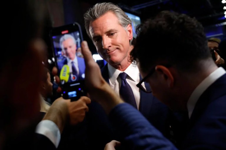 Governor of California Gavin Newsom speaks to reporters in the spin room following the presidential debate between Republican presidential nominee, former U.S. President Donald Trump and Democratic presidential nominee, U.S. Vice President Kamala Harris at The National Constitution Center on September 10, 2024 in Philadelphia, Pennsylvania.