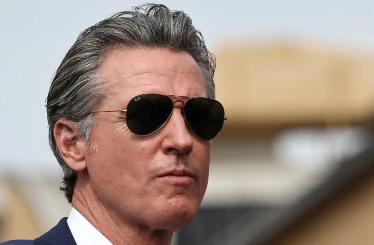 California Governor Gavin Newsom stands at a press conference at Raleigh Studios unveiling a vast expansion of California’s Film and Television Credit Program on October 27, 2024 in Los Angeles, California.