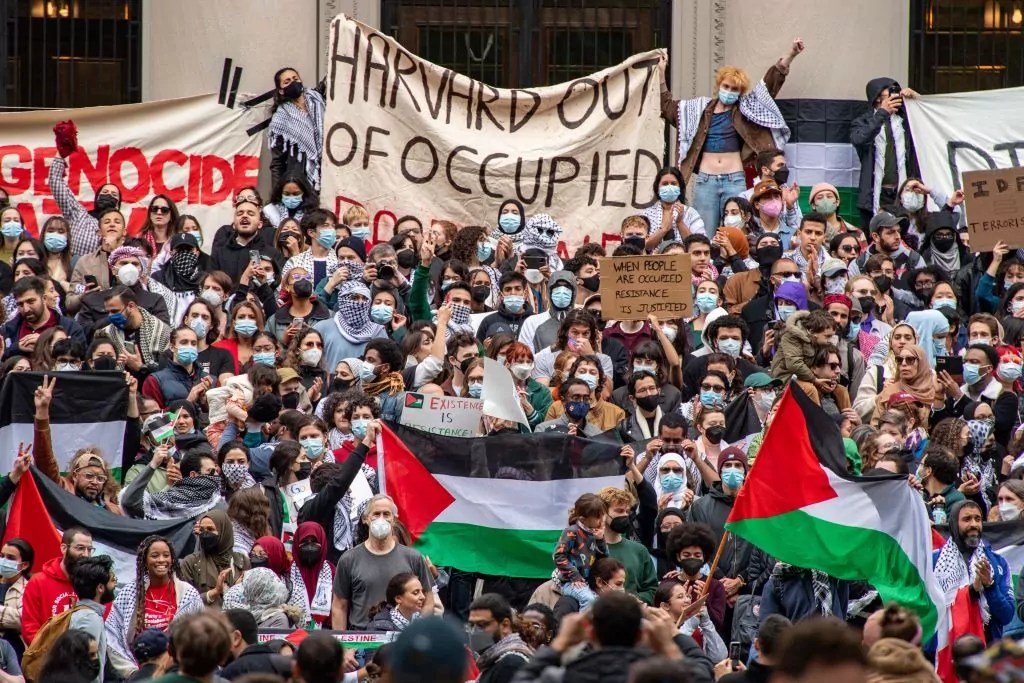 Anti-Israel protesters at Harvard University rally on campus in Cambridge, Massachusetts, on Oct. 14, 2023. 