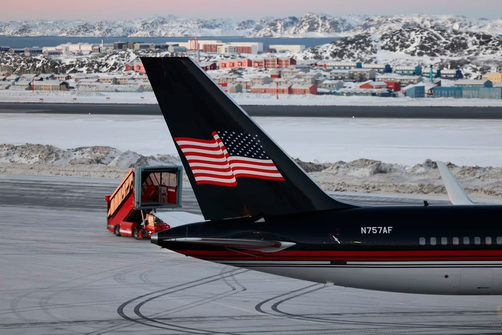 A plane carrying Donald Trump Jr. lands in Nuuk, Greenland, Tuesday, Jan. 7, 2025.