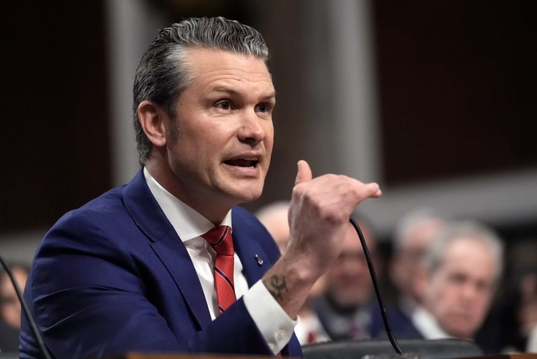 Defense Secretary Pete Hegseth appears before the Senate Armed Services Committee for his confirmation hearing, at the Capitol in Washington, Tuesday, Jan. 14, 2025.