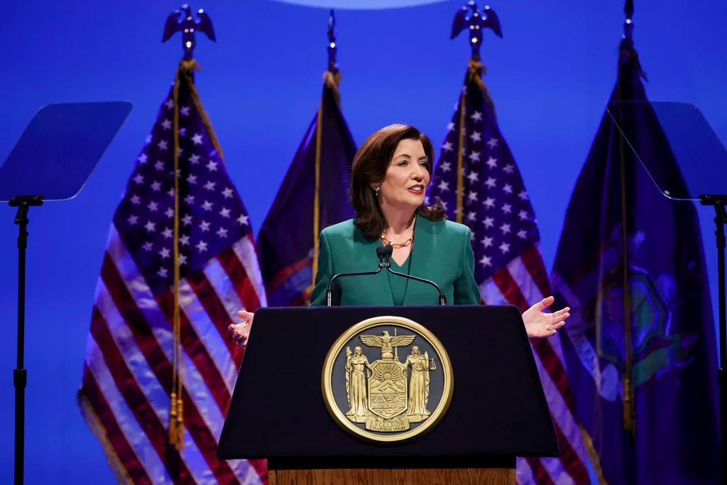 In this photo provided by the Office of the New York Governor, Governor Kathy Hochul delivers the 2025 State of the State Address, Tuesday, Jan. 14, 2025, in Albany, N.Y. (Mike Groll/Office of the New York Governor via AP)