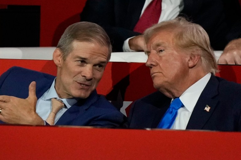Rep. Jim Jordan (R-OH) talks to Donald Trump during the Republican National Convention on Tuesday, July 16, 2024, in Milwaukee.