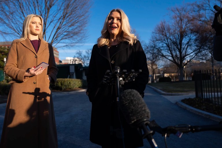 White House press secretary Karoline Leavitt speaks with reporters at the White House, Wednesday, Jan. 29, 2025, in Washington.