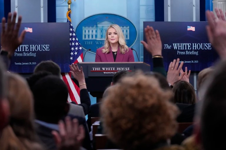 White House press secretary Karoline Leavitt speaks with reporters in the James Brady Press Briefing Room at the White House, Tuesday, Jan. 28, 2025, in Washington.