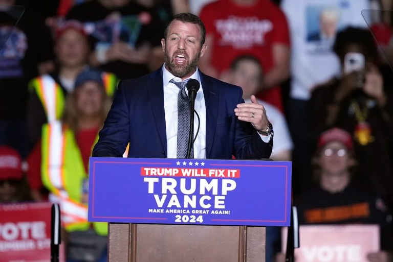 Sen. Markwayne Mullin, R-Okla., speaks before Republican presidential nominee former President Donald Trump at a campaign rally at Lee's Family Forum, Thursday, Oct. 31, 2024, in Henderson, Nev.