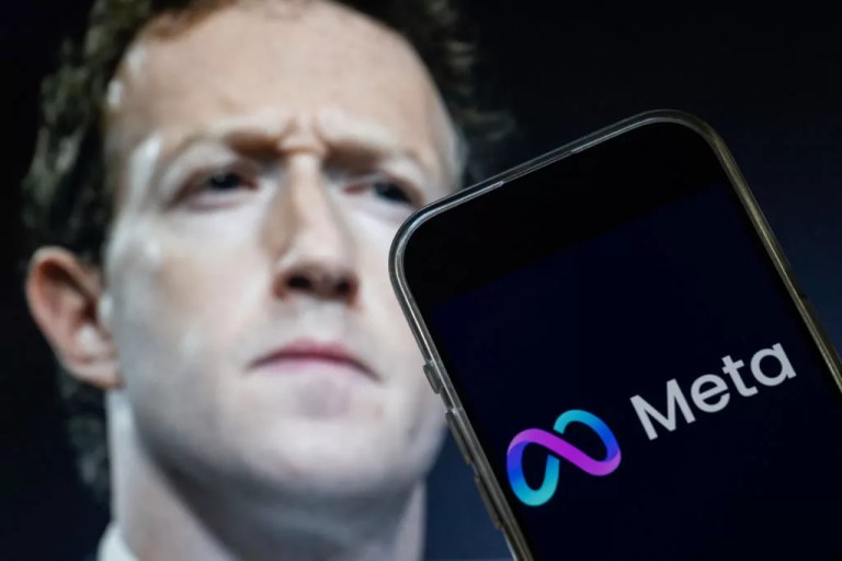Mark Zuckerberg and Meta logo.