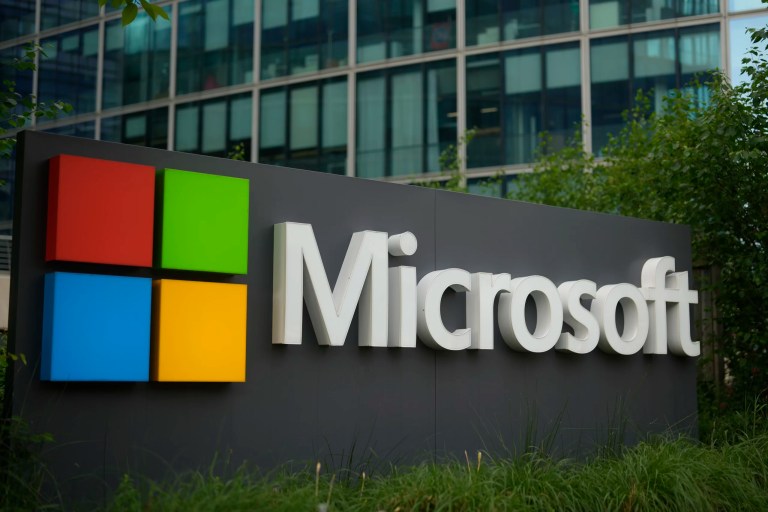 The Microsoft logo is displayed outside its French headquarters in Issy-les-Moulineaux, outside Paris, May 13, 2024.