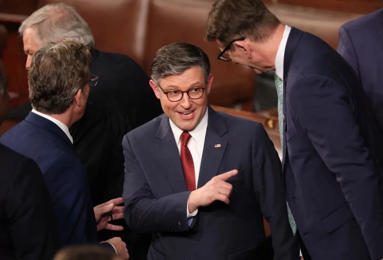 Rep. Mike Johnson (R-LA) talks with fellow Representatives as the House votes for Speaker of the House on the first day of the 119th Congress in the House Chamber of the U.S. Capitol Building on January 03, 2025 in Washington, D.C.
