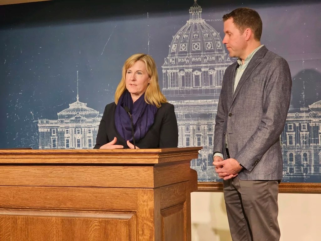 Minnesota House Democratic leaders Melissa Hortman and Jamie Long speak at a news conference on Monday, Jan. 13, 2025, at the State Capitol in St. Paul, one day before the 2025 legislative session is due to convene.