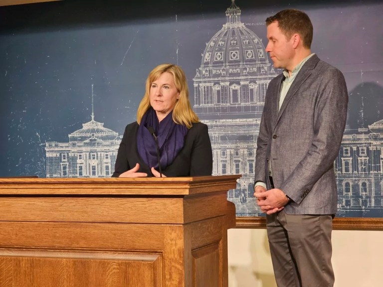 Minnesota House Democratic leaders Melissa Hortman and Jamie Long speak at a news conference on Monday, Jan. 13, 2025, at the State Capitol in St. Paul, one day before the 2025 legislative session is due to convene.