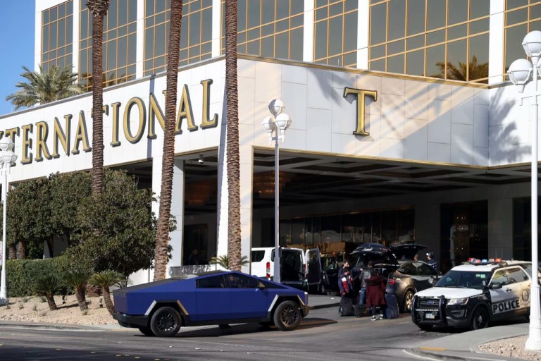 A Tesla Cybertruck pulls into Trump International Hotel in Las Vegas Thursday, Jan. 2, 2025, in Las Vegas.