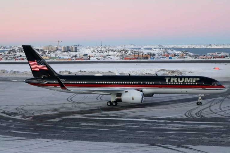 A plane carrying Donald Trump Jr. lands in Nuuk, Greenland, Tuesday, Jan. 7, 2025.
