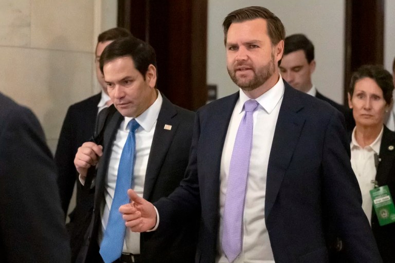 Sen. Marco Rubio (R-FL), left, and Vice President JD Vance walk together after leaving Vance's office on Capitol Hill, Thursday, Nov. 21, 2024, in Washington.