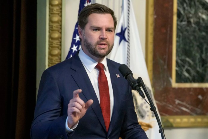 Vice President JD Vance speaks prior to swearing in Pete Hegseth as secretary of defense in the Indian Treaty Room of the Eisenhower Executive Office Building on the White House campus in Washington, Saturday, Jan. 25, 2025.