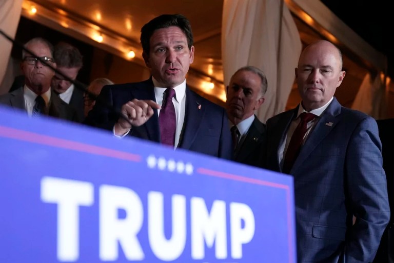 Florida Gov. Ron DeSantis speaks at a meeting with Republican governors and President-elect Donald Trump, at Mar-a-Lago, in Palm Beach, Fla., Jan. 9, 2025.