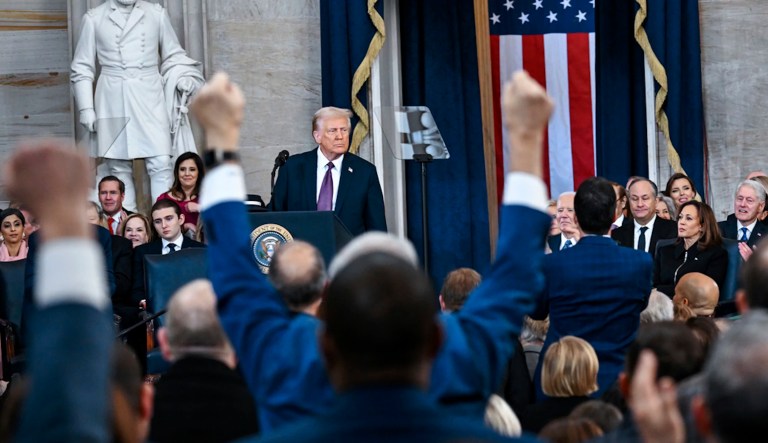 Attendees cheer as President Donald Trump speaks after taking the oath of office during the 60th Presidential Inauguration in the Rotunda of the U.S. Capitol in Washington, Monday, Jan. 20, 2025.