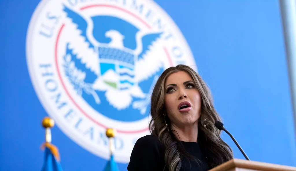 Homeland Security Secretary Kristi Noem speaks to employees at the Department of Homeland Security, Tuesday, Jan. 28, 2025, in Washington.