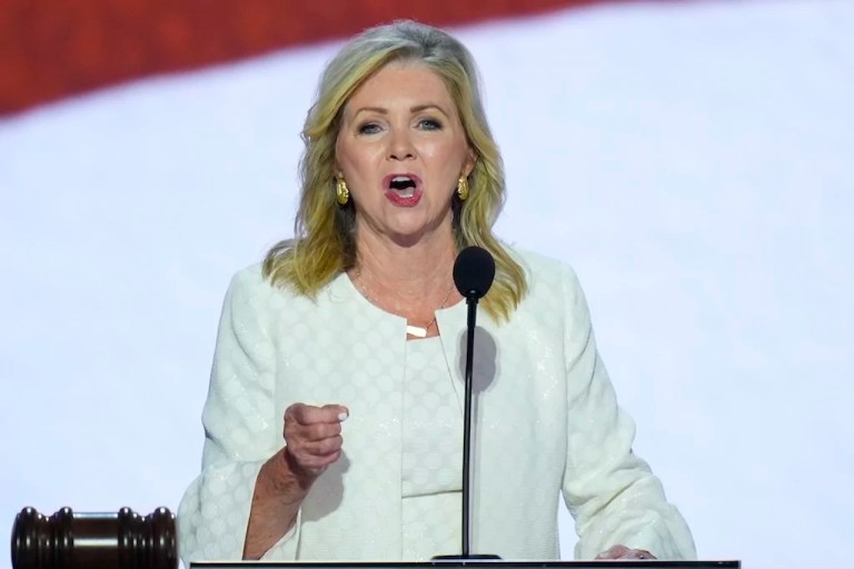 Sen. Marsha Blackburn (R-TN) speaks during the first day of the Republican National Convention, on July 15, 2024, in Milwaukee.