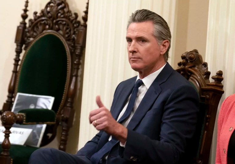Gov. Gavin Newsom (D-CA) gives a thumbs up while attending the Assembly's Organizational Session in Sacramento, California, Dec. 2, 2024.