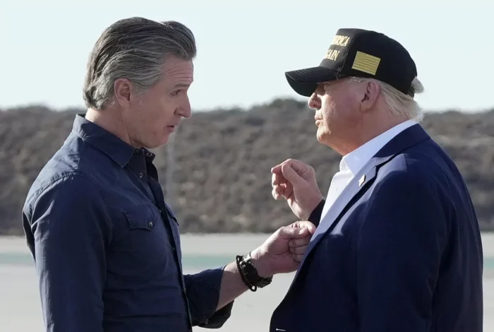 President Donald Trump talks with Gov. Gavin Newsom (D-CA) after arriving on Air Force One on Friday, Jan. 24, 2025, at Los Angeles International Airport.