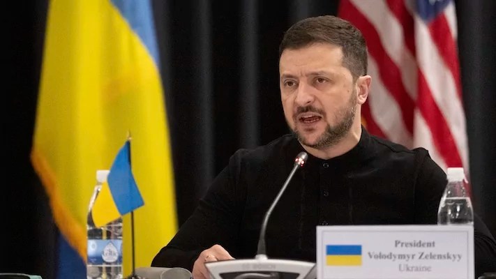 Ukrainian President Volodymyr Zelensky attends a meeting of the Ukraine Contact Group at Ramstein Air Base, Germany, Thursday, Jan. 9, 2025.