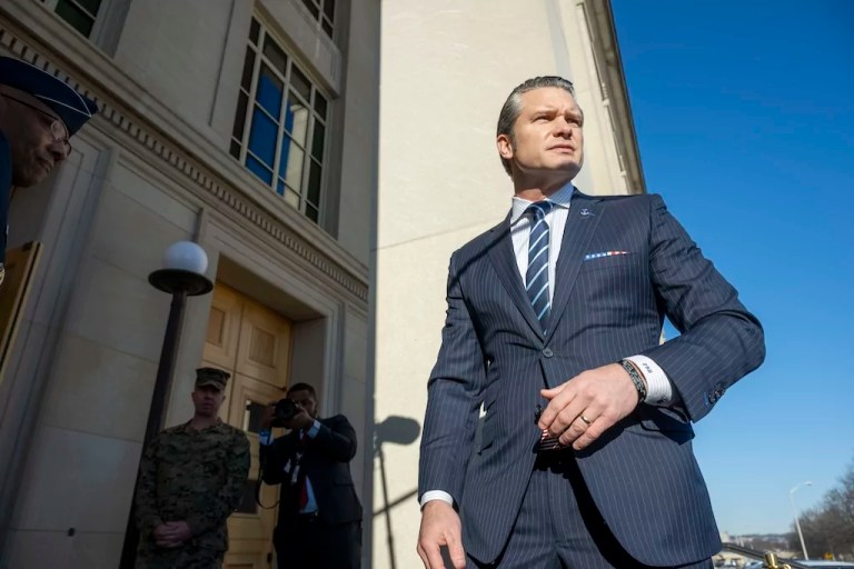 Defense Secretary Pete Hegseth arrives at the Pentagon, Monday, Jan. 27, 2025 in Washington.
