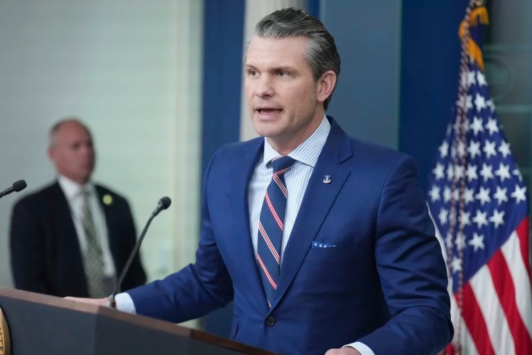 Defense Secretary Pete Hegseth speaks with reporters in the James Brady Press Briefing Room at the White House, Thursday, Jan. 30, 2025, in Washington.