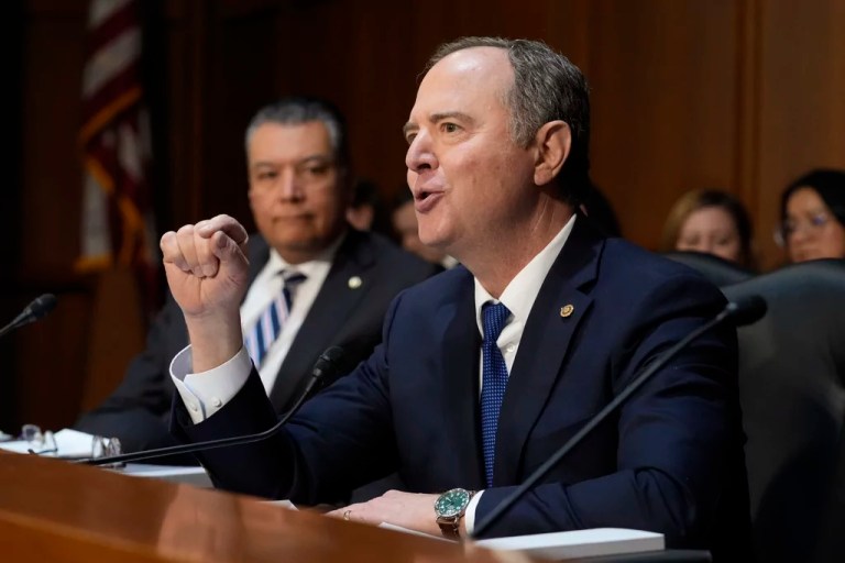 Sen. Adam Schiff (D-CA) speaks as Attorney General Pam Bondi appears before the Senate Judiciary Committee for her confirmation hearing at the Capitol in Washington, Wednesday, Jan. 15, 2025. 