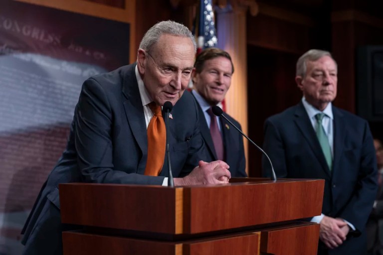 From left, Senate Majority Leader Chuck Schumer (D-NY), Sen. Richard Blumenthal (D-CT), and then-Senate Judiciary Committee Chairman Dick Durbin (D-IL) speak to reporters at the Capitol in Washington, Friday, Dec. 20, 2024. (AP Photo/J. Scott Applewhite)