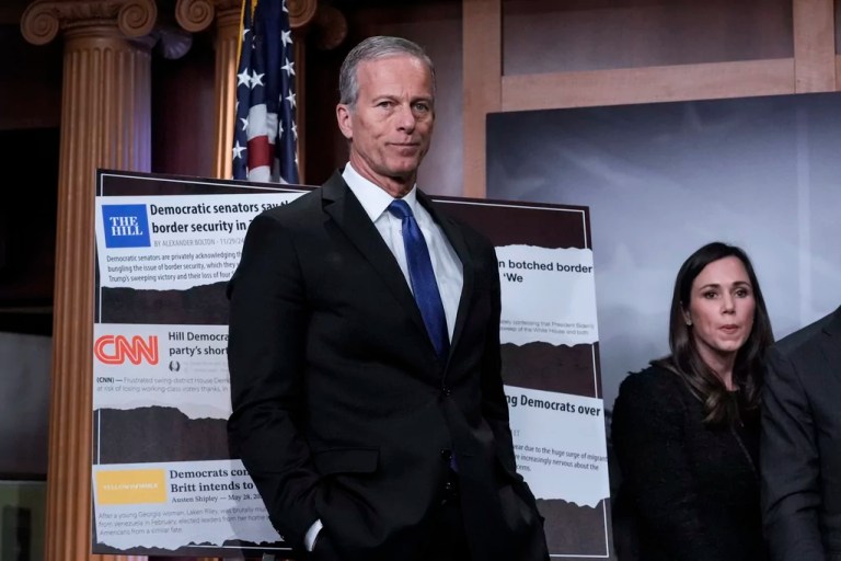 Senate Majority Leader John Thune, R-S.D., left, and Sen. Katie Britt, R-Ala., hold a news conference to speak to reporters about the Laken Riley Act, a bill to detain unauthorized immigrants who have been accused of certain crimes, at the Capitol in Washington, Thursday, Jan. 9, 2025. Georgia nursing student Laken Riley was killed last year by a Venezuelan man who entered the U.S. illegally and was allowed to stay to pursue his immigration case.