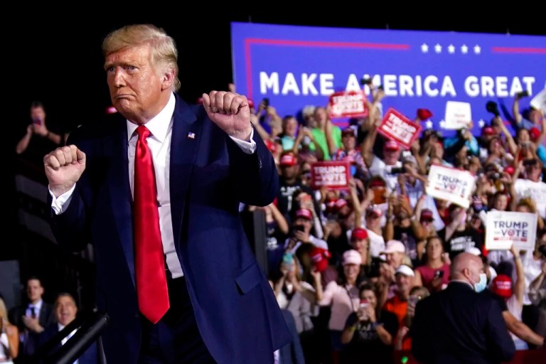 President Donald Trump dances after a campaign rally at Pensacola International Airport, Friday, Oct. 23, 2020, in Florida.