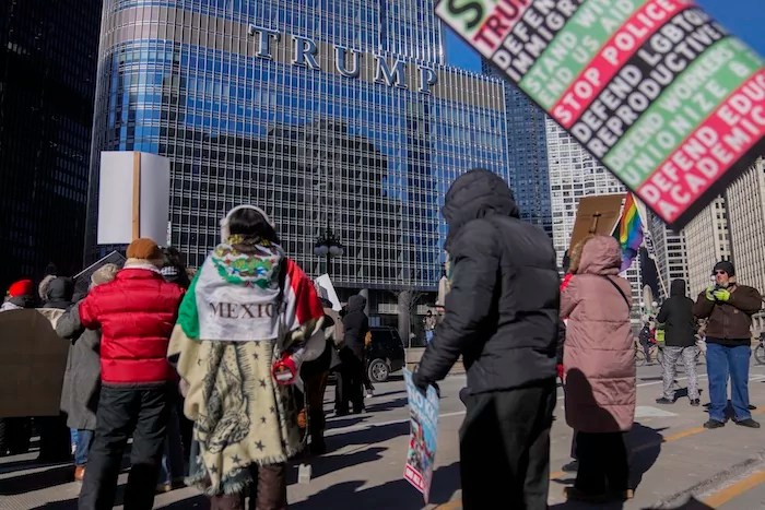 Anti-Trump protesters march to Trump Tower as they rally for a number of issues, including immigrant rights, the Israel-Hamas war, women's reproductive rights, racial equality and others, on the day of President Donald Trump's Inauguration, Monday, Jan. 20, 2025, in Chicago.