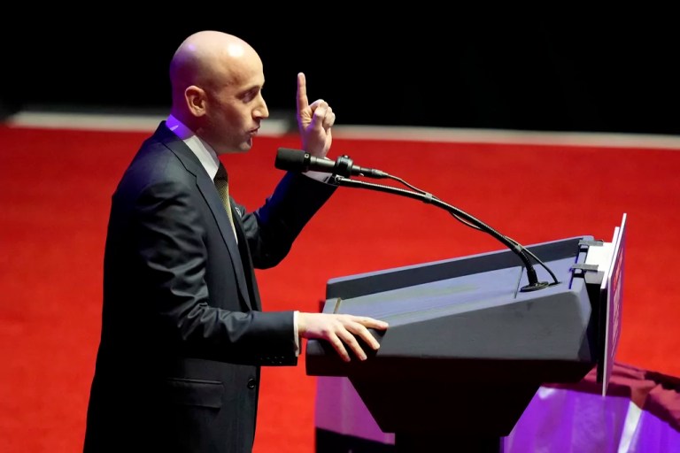 Stephen Miller speaks before President-elect Donald Trump arrives at a rally ahead of the 60th Presidential Inauguration, Sunday, Jan. 19, 2025, in Washington.
